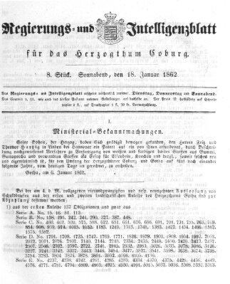 Regierungs- und Intelligenzblatt für das Herzogtum Coburg (Coburger Regierungs-Blatt) Samstag 18. Januar 1862