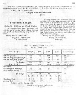 Regierungs- und Intelligenzblatt für das Herzogtum Coburg (Coburger Regierungs-Blatt) Samstag 25. Januar 1862