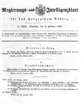 Regierungs- und Intelligenzblatt für das Herzogtum Coburg (Coburger Regierungs-Blatt) Dienstag 4. Februar 1862