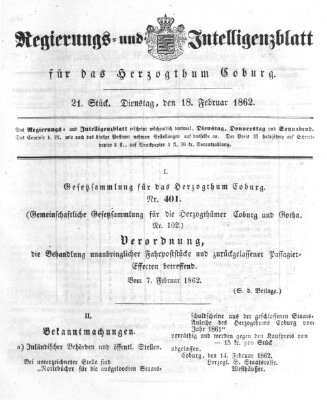 Regierungs- und Intelligenzblatt für das Herzogtum Coburg (Coburger Regierungs-Blatt) Dienstag 18. Februar 1862