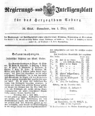 Regierungs- und Intelligenzblatt für das Herzogtum Coburg (Coburger Regierungs-Blatt) Samstag 1. März 1862