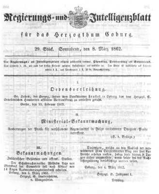 Regierungs- und Intelligenzblatt für das Herzogtum Coburg (Coburger Regierungs-Blatt) Samstag 8. März 1862