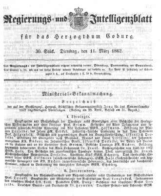 Regierungs- und Intelligenzblatt für das Herzogtum Coburg (Coburger Regierungs-Blatt) Dienstag 11. März 1862