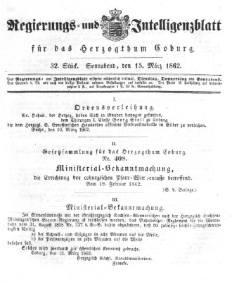 Regierungs- und Intelligenzblatt für das Herzogtum Coburg (Coburger Regierungs-Blatt) Samstag 15. März 1862