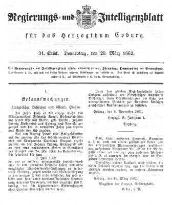 Regierungs- und Intelligenzblatt für das Herzogtum Coburg (Coburger Regierungs-Blatt) Donnerstag 20. März 1862