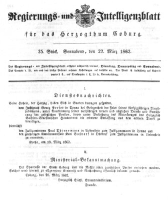 Regierungs- und Intelligenzblatt für das Herzogtum Coburg (Coburger Regierungs-Blatt) Samstag 22. März 1862