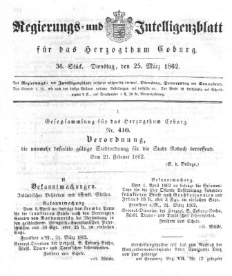 Regierungs- und Intelligenzblatt für das Herzogtum Coburg (Coburger Regierungs-Blatt) Dienstag 25. März 1862