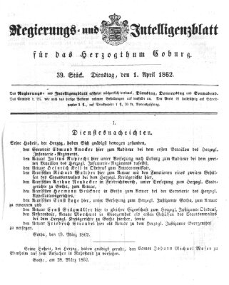 Regierungs- und Intelligenzblatt für das Herzogtum Coburg (Coburger Regierungs-Blatt) Dienstag 1. April 1862