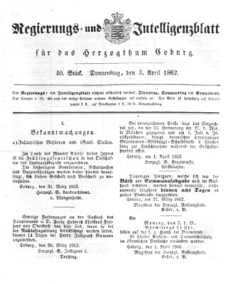 Regierungs- und Intelligenzblatt für das Herzogtum Coburg (Coburger Regierungs-Blatt) Donnerstag 3. April 1862