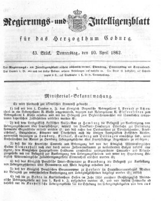 Regierungs- und Intelligenzblatt für das Herzogtum Coburg (Coburger Regierungs-Blatt) Donnerstag 10. April 1862