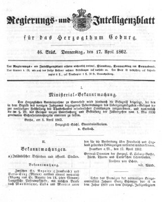 Regierungs- und Intelligenzblatt für das Herzogtum Coburg (Coburger Regierungs-Blatt) Donnerstag 17. April 1862