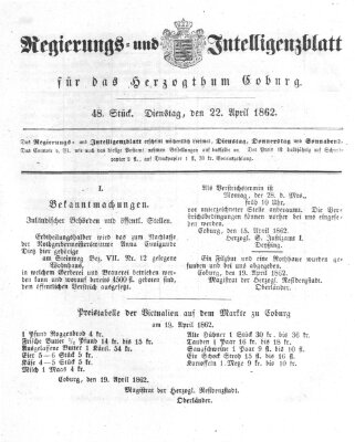 Regierungs- und Intelligenzblatt für das Herzogtum Coburg (Coburger Regierungs-Blatt) Dienstag 22. April 1862