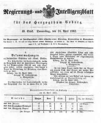 Regierungs- und Intelligenzblatt für das Herzogtum Coburg (Coburger Regierungs-Blatt) Donnerstag 24. April 1862