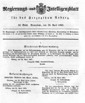 Regierungs- und Intelligenzblatt für das Herzogtum Coburg (Coburger Regierungs-Blatt) Samstag 26. April 1862