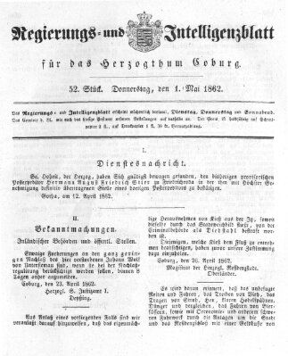 Regierungs- und Intelligenzblatt für das Herzogtum Coburg (Coburger Regierungs-Blatt) Donnerstag 1. Mai 1862