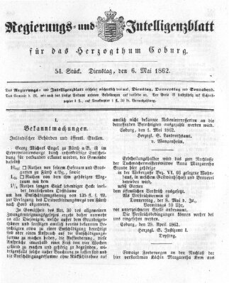 Regierungs- und Intelligenzblatt für das Herzogtum Coburg (Coburger Regierungs-Blatt) Dienstag 6. Mai 1862