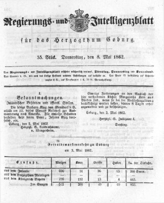 Regierungs- und Intelligenzblatt für das Herzogtum Coburg (Coburger Regierungs-Blatt) Donnerstag 8. Mai 1862