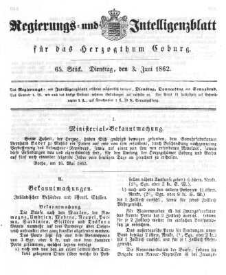 Regierungs- und Intelligenzblatt für das Herzogtum Coburg (Coburger Regierungs-Blatt) Dienstag 3. Juni 1862