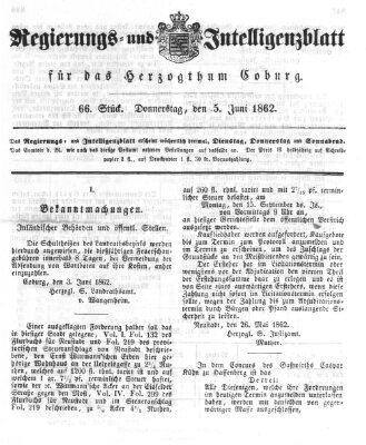 Regierungs- und Intelligenzblatt für das Herzogtum Coburg (Coburger Regierungs-Blatt) Donnerstag 5. Juni 1862