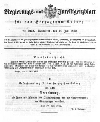 Regierungs- und Intelligenzblatt für das Herzogtum Coburg (Coburger Regierungs-Blatt) Samstag 14. Juni 1862