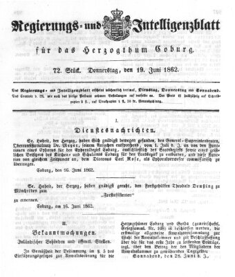 Regierungs- und Intelligenzblatt für das Herzogtum Coburg (Coburger Regierungs-Blatt) Donnerstag 19. Juni 1862