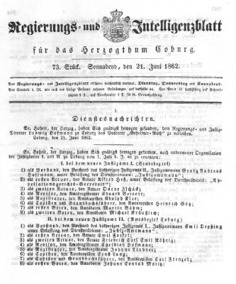 Regierungs- und Intelligenzblatt für das Herzogtum Coburg (Coburger Regierungs-Blatt) Samstag 21. Juni 1862