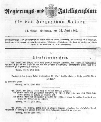 Regierungs- und Intelligenzblatt für das Herzogtum Coburg (Coburger Regierungs-Blatt) Dienstag 24. Juni 1862