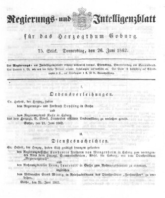 Regierungs- und Intelligenzblatt für das Herzogtum Coburg (Coburger Regierungs-Blatt) Donnerstag 26. Juni 1862