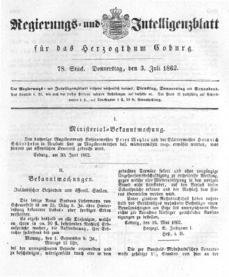 Regierungs- und Intelligenzblatt für das Herzogtum Coburg (Coburger Regierungs-Blatt) Donnerstag 3. Juli 1862