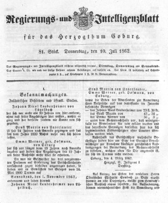 Regierungs- und Intelligenzblatt für das Herzogtum Coburg (Coburger Regierungs-Blatt) Donnerstag 10. Juli 1862