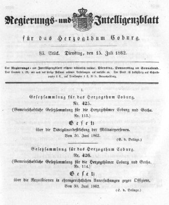 Regierungs- und Intelligenzblatt für das Herzogtum Coburg (Coburger Regierungs-Blatt) Dienstag 15. Juli 1862