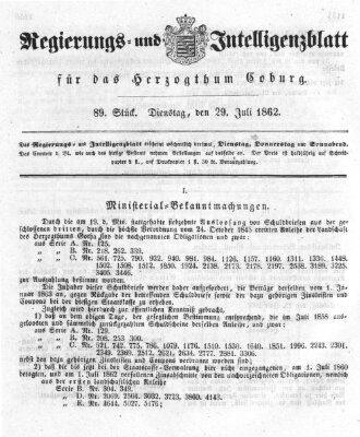 Regierungs- und Intelligenzblatt für das Herzogtum Coburg (Coburger Regierungs-Blatt) Dienstag 29. Juli 1862