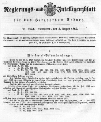 Regierungs- und Intelligenzblatt für das Herzogtum Coburg (Coburger Regierungs-Blatt) Samstag 2. August 1862