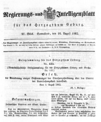 Regierungs- und Intelligenzblatt für das Herzogtum Coburg (Coburger Regierungs-Blatt) Samstag 16. August 1862