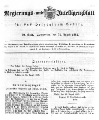 Regierungs- und Intelligenzblatt für das Herzogtum Coburg (Coburger Regierungs-Blatt) Donnerstag 21. August 1862