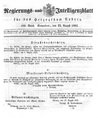 Regierungs- und Intelligenzblatt für das Herzogtum Coburg (Coburger Regierungs-Blatt) Samstag 23. August 1862