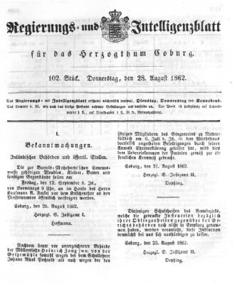 Regierungs- und Intelligenzblatt für das Herzogtum Coburg (Coburger Regierungs-Blatt) Donnerstag 28. August 1862