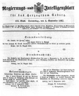 Regierungs- und Intelligenzblatt für das Herzogtum Coburg (Coburger Regierungs-Blatt) Donnerstag 4. September 1862