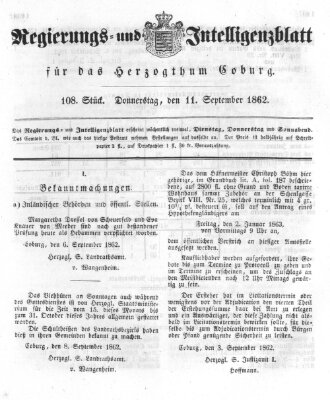 Regierungs- und Intelligenzblatt für das Herzogtum Coburg (Coburger Regierungs-Blatt) Donnerstag 11. September 1862