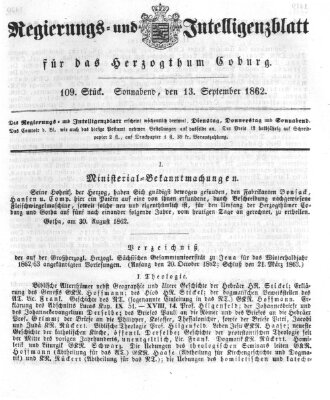 Regierungs- und Intelligenzblatt für das Herzogtum Coburg (Coburger Regierungs-Blatt) Samstag 13. September 1862