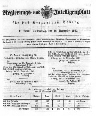 Regierungs- und Intelligenzblatt für das Herzogtum Coburg (Coburger Regierungs-Blatt) Donnerstag 18. September 1862