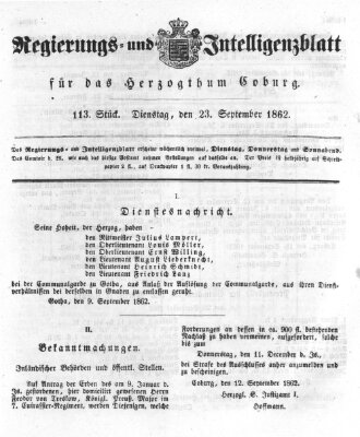 Regierungs- und Intelligenzblatt für das Herzogtum Coburg (Coburger Regierungs-Blatt) Dienstag 23. September 1862