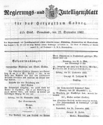 Regierungs- und Intelligenzblatt für das Herzogtum Coburg (Coburger Regierungs-Blatt) Samstag 27. September 1862