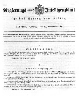 Regierungs- und Intelligenzblatt für das Herzogtum Coburg (Coburger Regierungs-Blatt) Dienstag 30. September 1862