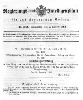 Regierungs- und Intelligenzblatt für das Herzogtum Coburg (Coburger Regierungs-Blatt) Donnerstag 2. Oktober 1862