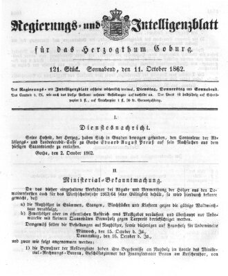 Regierungs- und Intelligenzblatt für das Herzogtum Coburg (Coburger Regierungs-Blatt) Samstag 11. Oktober 1862