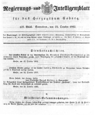 Regierungs- und Intelligenzblatt für das Herzogtum Coburg (Coburger Regierungs-Blatt) Samstag 25. Oktober 1862