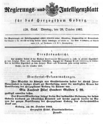 Regierungs- und Intelligenzblatt für das Herzogtum Coburg (Coburger Regierungs-Blatt) Dienstag 28. Oktober 1862