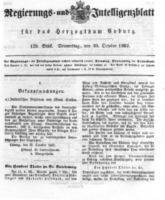 Regierungs- und Intelligenzblatt für das Herzogtum Coburg (Coburger Regierungs-Blatt) Donnerstag 30. Oktober 1862