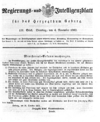 Regierungs- und Intelligenzblatt für das Herzogtum Coburg (Coburger Regierungs-Blatt) Dienstag 4. November 1862